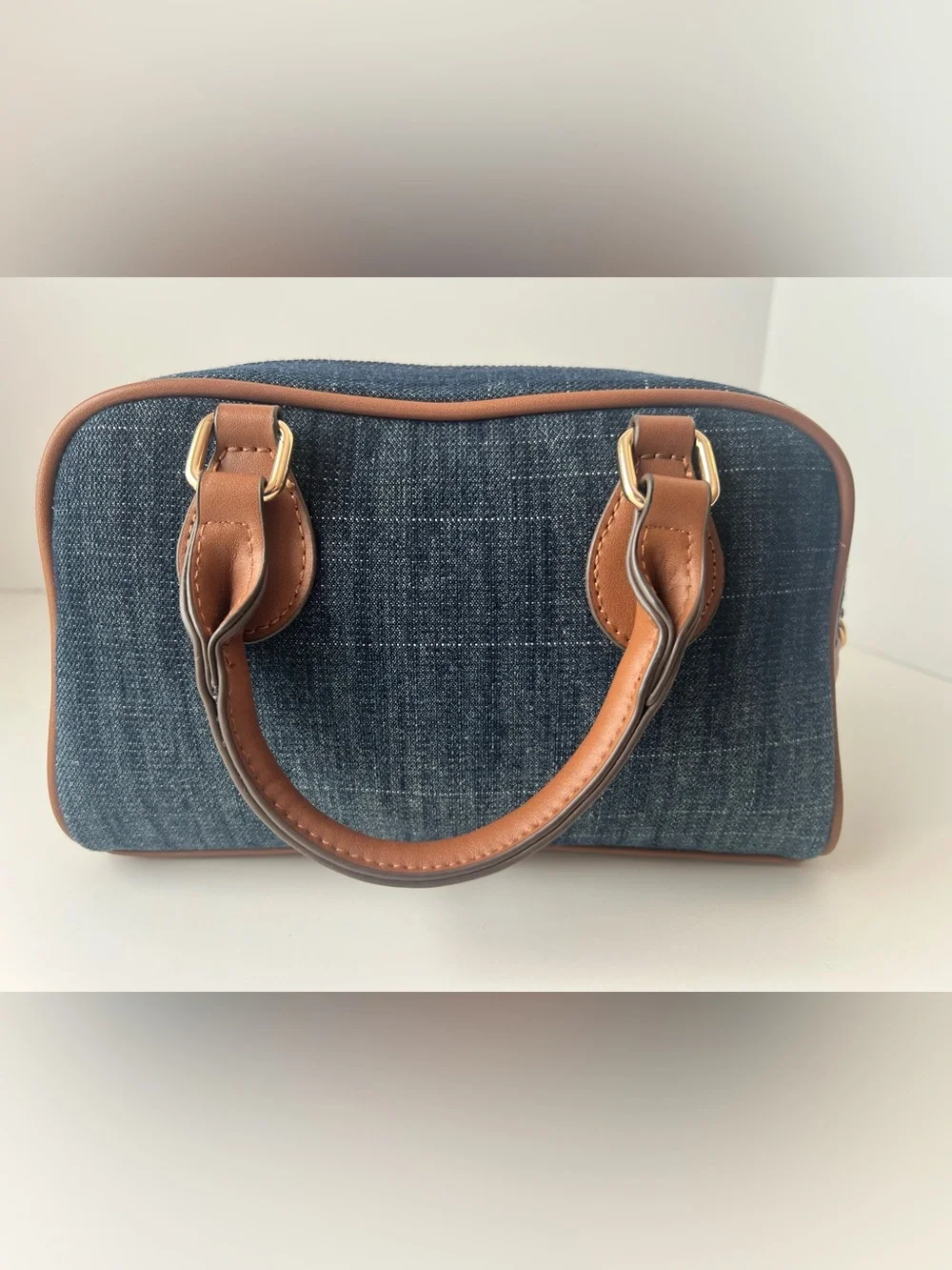 True Religion Denim Satchel in Dark Blue with Brown Trim & Gold Hardware